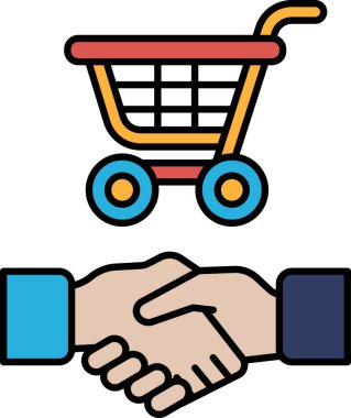Arka planda alışveriş arabası olan iki kişinin el sıkışması. Ticari işlem veya ortaklık kavramı