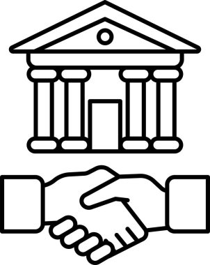 Geniş bir kapısı ve iki eli titreyen sütunları olan bir bina görülüyor. İki taraf arasında yapılan iş anlaşması ya da anlaşma kavramı. Sahne ciddi ve profesyonel.