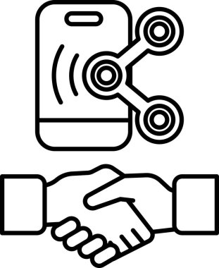 Arka planda cep telefonu olan iki kişi arasında bir tokalaşma görülüyor. Bireyler arasındaki iletişim ve işbirliği kavramı