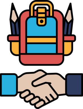 Kalem ve kalemlerle sırt çantasını sıkan bir el. Sırt çantası kırmızı ve mavi. İki kişi arasında el sıkışma kavramı, muhtemelen öğrenciler ve eğitimin önemi