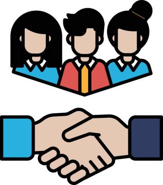 Arka planda bir grup insanla el sıkışan bir el. İki taraf arasında iş anlaşması veya anlaşma konsepti