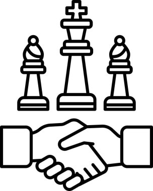 Aralarında el olan üç satranç taşının siyah beyaz görüntüsü. Anlaşmanın ve işbirliğinin sembolü olan el sıkışma kavramı. Sahne ciddi ve odaklı.