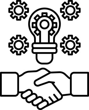 Ortasında bir ampulle titreyen iki elin siyah beyaz çizimi. Ampul, yenilik ve ilerleme fikrini sembolize eden dişlilerle çevrilidir.