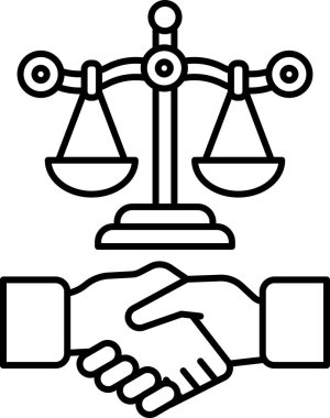 Sol tarafında tokalaşma olan bir tartının siyah beyaz çizimi. Terazi sağ taraftaki tokalaşmayla dengelenmiş. Ticari bir işlemde adalet ve eşitlik kavramı