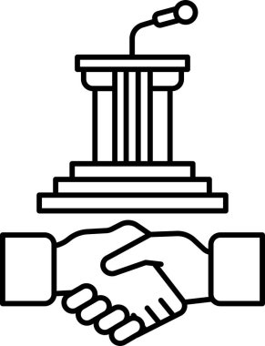 Arka planda bir mikrofon ve podyum ile iki kişi arasında bir tokalaşma gösteriliyor. İşbirliği ve iletişim kavramı, iki insan mikrofon elele tutuşurken