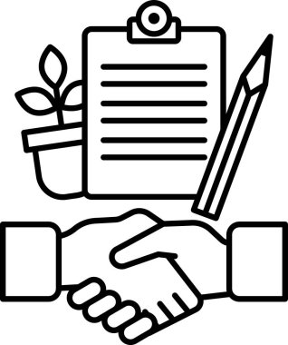 Arka planda bir kalem ve bir pano ile iki kişi arasında bir tokalaşma. Pano ve kalem bir sözleşme yazma ve imzalama fikrini sembolize ediyor. El sıkışma anlaşmayı temsil ediyor.