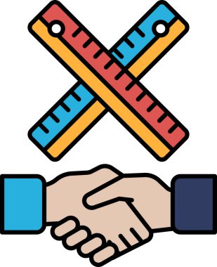 Arka planda bir cetvel ile iki kişi arasında bir tokalaşma gösterilir. Cetvel kırmızı, sarı ve mavi. İki taraf arasındaki işbirliği ve anlaşma kavramı