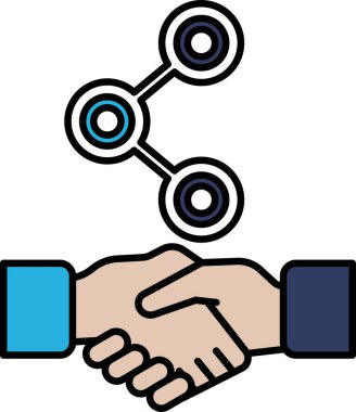 Ortasında mavi bir daire olan iki kişi el sıkışıyor. Mavi daire iki insan arasındaki bağlantıyı temsil ediyor.