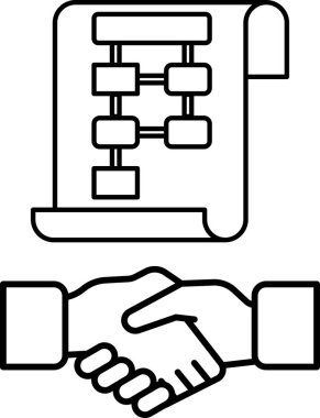 Arka planda bir parça kağıt ile iki kişi arasında bir tokalaşma gösterilir. Gazetenin üzerinde bir şema var, bir iş anlaşmasını ya da planı temsil edebilir.