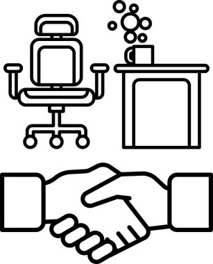 Siyah beyaz çizimde iki kişi arasında bir tokalaşma gösterilir. Uzman bir görüşme ya da müzakere kavramı, iki kişinin anlaşma ya da ortaklığı belirtmek için el sıkışması