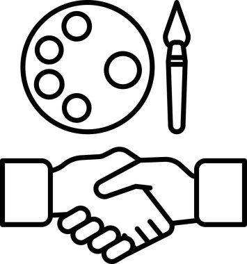 Arka planda boya fırçası ve paleti olan iki kişi arasında bir tokalaşma. İşbirliği ve yaratıcılık kavramı