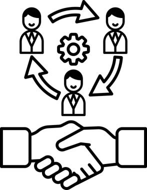 Ortada bir vitesle el sıkışan üç kişinin siyah beyaz görüntüsü. İşbirliği ve takım çalışması kavramı