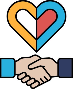 İki eli titreyen bir kalp. Kalp mavi ve turuncu çerçeveyle çevrilidir. Dostluk ve güven kavramı