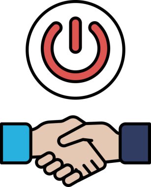 Ortasında kırmızı düğme olan iki kişi arasında bir tokalaşma. Düğmede 