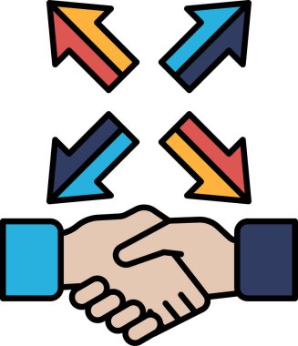 Sağ tarafı gösteren mavi okla başka bir eli sıkan bir el. İki kişi arasındaki el sıkışma kavramı, ki bu bir anlaşma veya ortaklık sembolüdür. Mavi ok pozitif olduğunu gösteriyor.