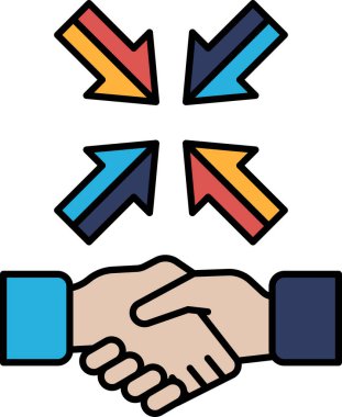 Farklı yönlere bakan oklarla başka bir eli sıkan bir el. İki taraf arasındaki işbirliği ve işbirliği kavramı