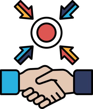 Ortasında kırmızı bir daire olan başka bir eli sıkan bir el. Çember farklı yönleri gösteren oklarla çevrili. İşbirliği ve takım çalışması kavramı