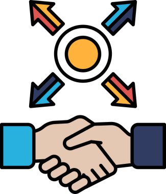 Ortasında daire olan başka bir eli sıkan bir el. Çember farklı yönlere bakan oklarla çevrili.