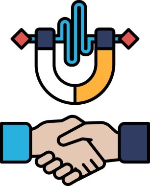 Ortasında mıknatıs olan bir el diğerini sıkıyor. Mıknatıs bir çekim ve bağlantı sembolüdür.