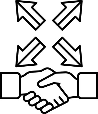 Okları sağı gösteren iki kişi arasında bir tokalaşma. Oklar sağ tarafı gösteriyor. Bu da olumlu bir sonucu ya da anlaşmayı simgeliyor olabilir.