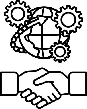 Arka planda bir küre ile titreyen iki elin siyah beyaz çizimi. Küre, dünyanın birbirine bağlılığını sembolize eden dişlilerle çevrilidir. Küresel işbirliği kavramı