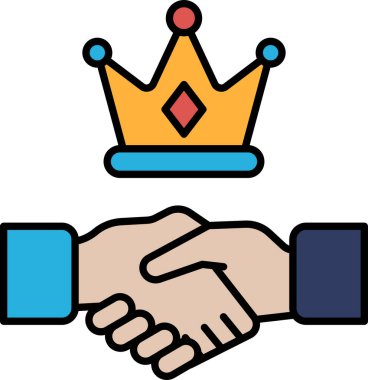 Tacı sallayan bir el. İki kişi arasındaki el sıkışma kavramı bir bağ ya da anlaşmayı sembolize eder. Taç bir otorite ya da güç hissini temsil eder.