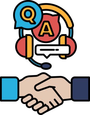 Sağ kulaklıkla başka bir eli sıkan bir el. Kulaklık kırmızı ve sarı. Görüntü bir iş görüşmesi ya da iki kişi arasında el sıkışmayla ilgili.