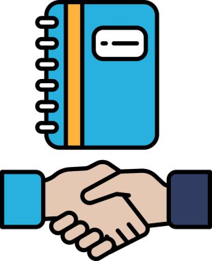 İçinde turuncu yazı ve el sıkışma sembolü olan mavi bir kitap. Kitabın adı 