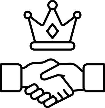 Üzerinde taç olan el sıkışan iki elin siyah beyaz görüntüsü. Kraliyet anlaşması veya ortaklığı kavramı