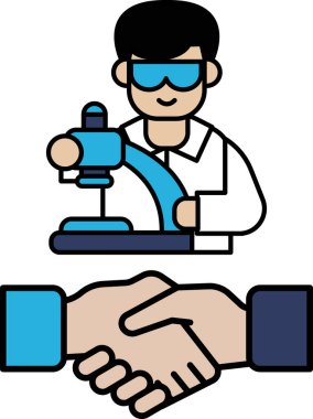 Laboratuvar önlüklü bir adam başka bir adamla el sıkışıyor. Profesyonellik ve işbirliği kavramı