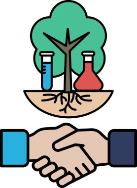 Bir ağaç iki kişinin el sıkışmasıyla çevrilidir. Ağaç iki beher ve bir matarayla çevrilidir. İşbirliği ve büyüme kavramı, ağacın doğal dünyayı temsil ettiği gibi.