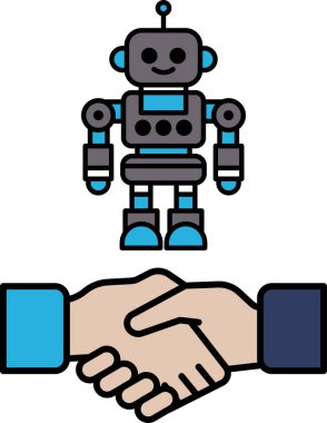 Bir robot bir insanın elinin yanında duruyor ve robot gülümsüyor. İnsanlar ve robotlar arasındaki işbirliği ve takım çalışması kavramı