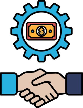 Ortasında dolar işareti olan titreyen iki elin grafiği. Dolar işareti bir vitesle çevrili. Ticari işlem veya anlaşma kavramı