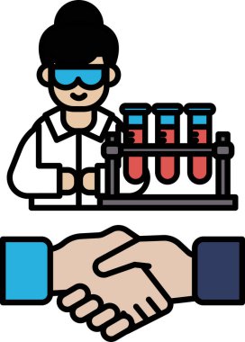 Laboratuvar önlüklü bir kadın başka biriyle tokalaşıyor. Profesyonellik ve işbirliği kavramı