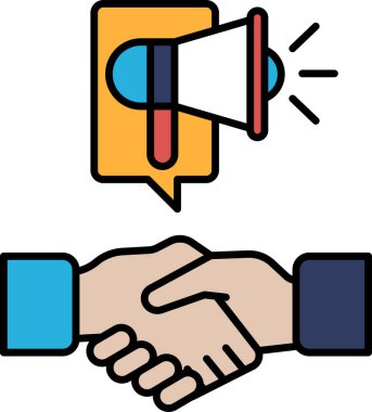 Arka planda büyük bir hoparlör olan iki kişi arasında bir el sıkışma. Hoparlör bir mikrofon ve insanlar el sıkışıyor. İki kişi arasındaki iletişim ve işbirliği kavramı