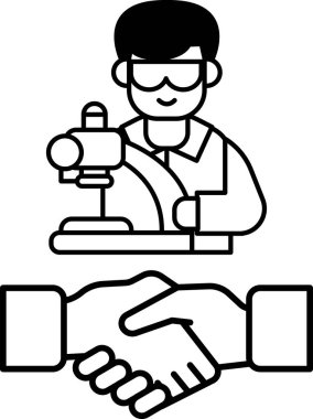 Laboratuvar önlüğü ve gözlük takan bir adam başka bir adamla tokalaşırken görülüyor. İki birey arasındaki işbirliği ve ortaklık kavramı