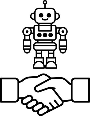 Onunla el sıkışan bir elin yanında bir robot duruyor. İnsanlarla robotlar arasındaki arkadaşlık ve işbirliği kavramı