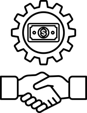 Ortasında bir dolar işareti olan iki elin titrediği siyah beyaz bir görüntü. Dolar işareti, anlaşmanın finansal yönünü temsil eden bir vitesle çevrili.