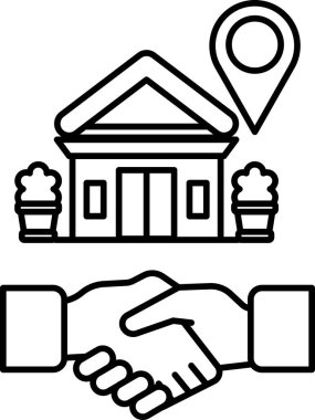 Arka planda bir ev ile iki kişi arasında bir tokalaşma gösteriliyor. Ev bir binanın yakınında ve bir bölge haritası var. İki taraf arasındaki iş anlaşması veya ortaklık kavramı