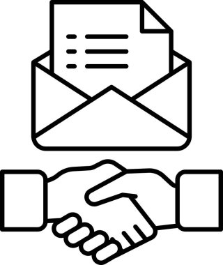 Beyaz bir zarfın içinde bir el sıkışma gösterilir. Zarf açık ve el sıkışma iki kişi arasında. İki taraf arasında iş anlaşması veya anlaşma konsepti