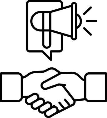 Arka planda büyük bir hoparlör olan bir el sıkışıyor. Hoparlör bir mikrofon ve görüntü iletişim ve işbirliği fikrini iletmek içindir.