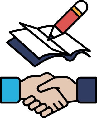 Kalem kitabın üstündedir ve resim bir tokalaşmayla ilgilidir. El sıkışma, anlaşmayı, güveni ve işbirliğini simgeliyor. Kalem ve kitap yazılı kelimeyi temsil ediyor.