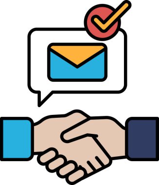 Sağ elinde işaret olan iki kişinin el sıkışması. Kontrol işareti onay ya da anlaşmanın sembolü.