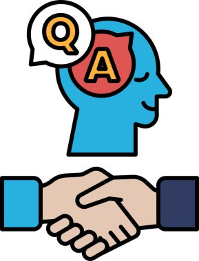 Üstlerinde soru işareti olan bir adam ve bir kadın el sıkışıyor. İki kişi arasında dostça bir etkileşim veya anlaşma kavramı