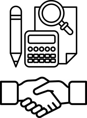 Hesap makinesi ve kalemle el sıkışmanın siyah beyaz çizimi. Bir iş anlaşması ya da anlaşma yapma kavramı