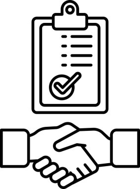 Arka planda bir pano ile iki kişi arasında bir tokalaşma gösteriliyor. Panoda anlaşmanın imzalandığını gösteren bir işaret var.