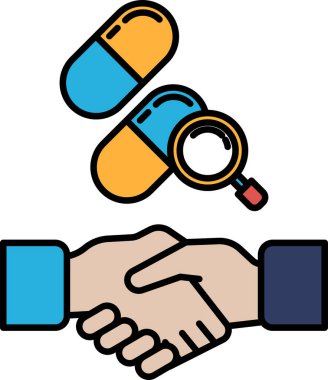 Arka planda ilaç şişesi ve büyüteçle başka bir eli sıkan bir el. İlaç şişesi ve büyüteç birinin sağlığıyla ilgilenmenin önemini simgeliyor.