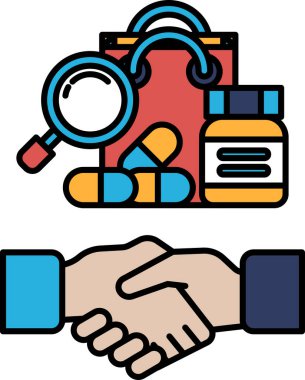 Büyüteç ve haplarla poşeti sıkan bir el. Ticari işlem ya da ortaklık kavramı