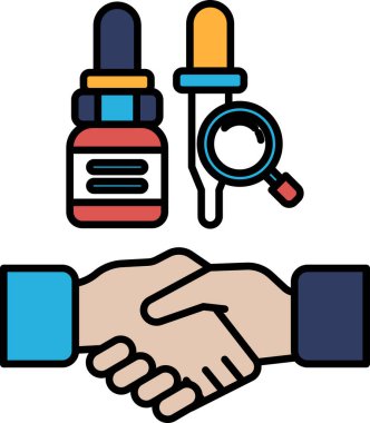 Arka planda şırınga ve şişeyle başka bir eli sıkan bir el. İşbirliği ve ortaklık kavramı