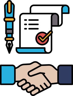 Bir kalem ve üzerinde işaret olan bir kağıt parçası. Kalem mavi ve kağıt beyaz. İki taraf arasında yapılan iş alışverişi veya anlaşma kavramı